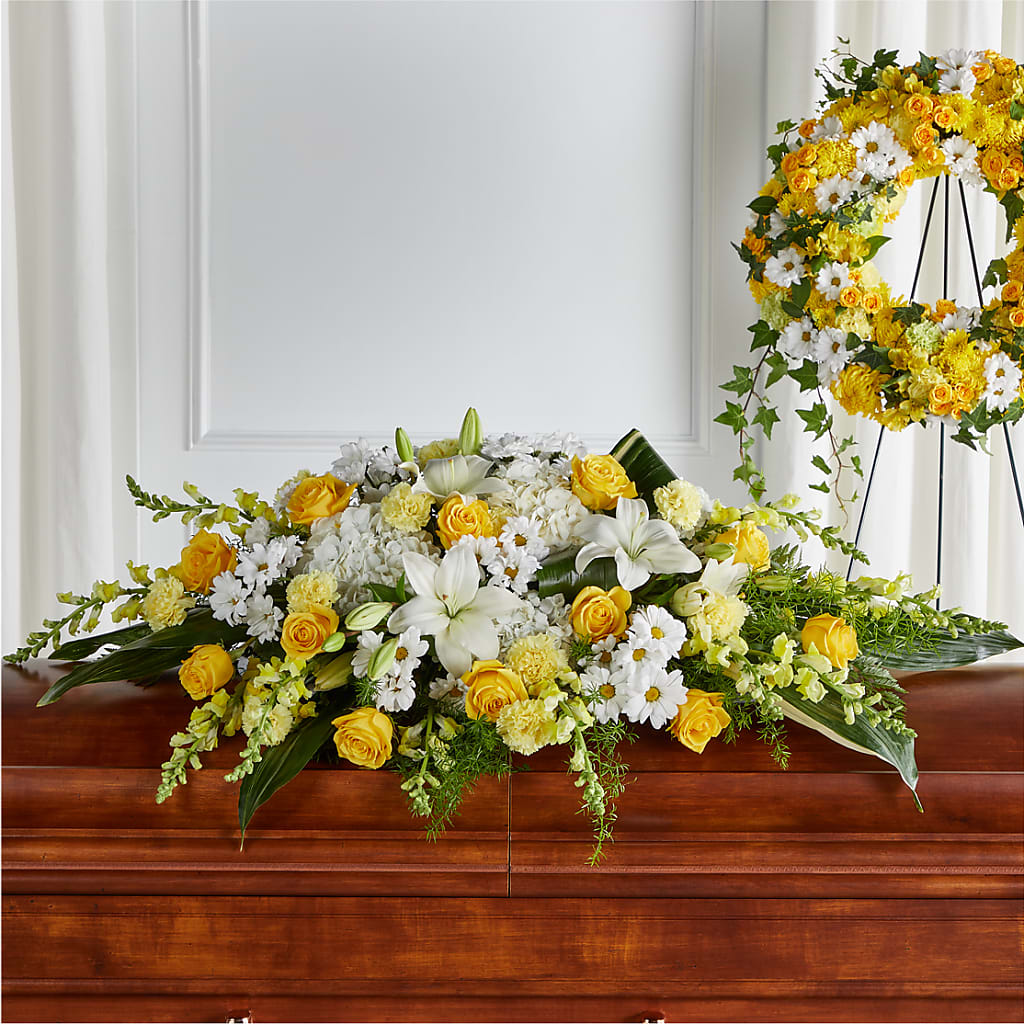 Golden Harmony Casket Spray – Flowers Unlimited, Martinsburg WV