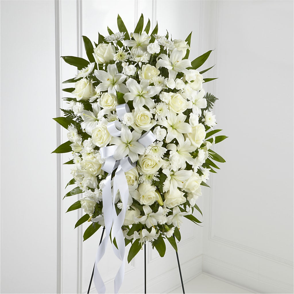 Exquisite Tribute Standing Spray-White Ribbon – Flowers Unlimited, Martinsburg WV