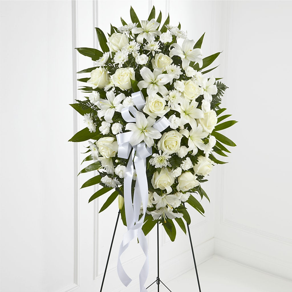 Exquisite Tribute Standing Spray-White Ribbon – Flowers Unlimited, Martinsburg WV